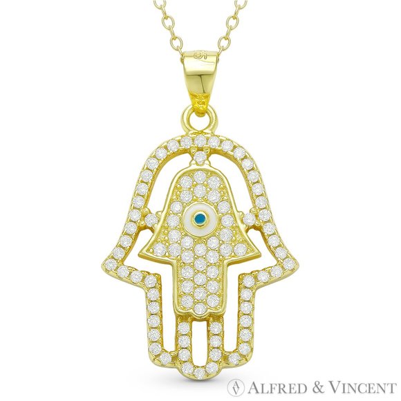 Hamsa Hand Luck Charm CZ Crystal Pave Pendant in .925 Sterling Silver w/ YGold - Picture 1 of 1
